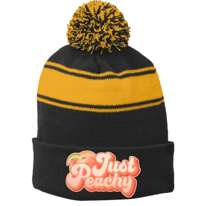 Cute Retro Vintage Just Peachy Stripe Pom Pom Beanie