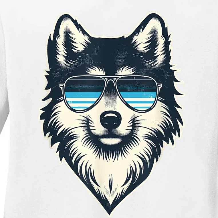 Cool Retro Wolf In Sunglasses 70s 80s 90s Novelty Funny Wolf Ladies Long Sleeve Shirt