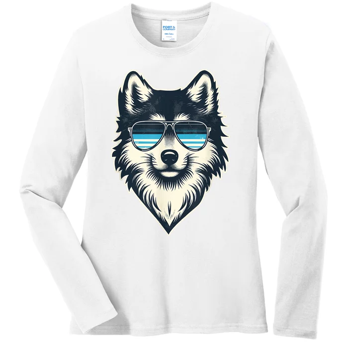 Cool Retro Wolf In Sunglasses 70s 80s 90s Novelty Funny Wolf Ladies Long Sleeve Shirt