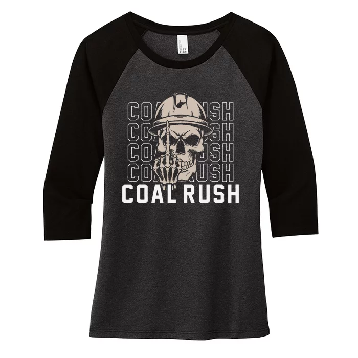 Coal Rush West Virginia Skull Coal Miner Hard Hat Women's Tri-Blend 3/4-Sleeve Raglan Shirt