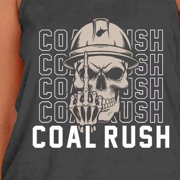 Coal Rush West Virginia Skull Coal Miner Hard Hat Women's Knotted Racerback Tank