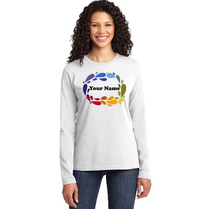 Colorful Rainbow Wreath Custom Name Plate Ladies Long Sleeve Shirt