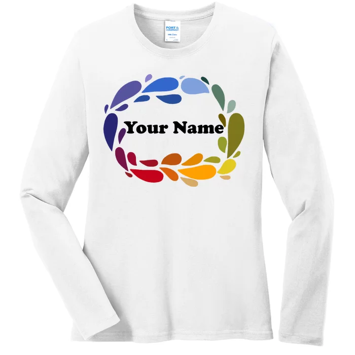 Colorful Rainbow Wreath Custom Name Plate Ladies Long Sleeve Shirt