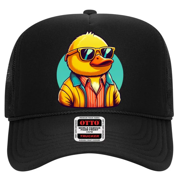 Cool Retro Yellow Duck In Sunglasses 70s 80s 90s Funny Duck High Crown Mesh Trucker Hat