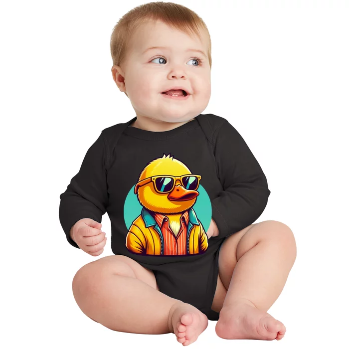 Cool Retro Yellow Duck In Sunglasses 70s 80s 90s Funny Duck Baby Long Sleeve Bodysuit