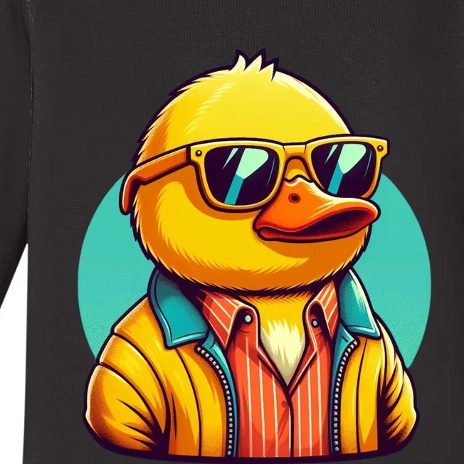 Cool Retro Yellow Duck In Sunglasses 70s 80s 90s Funny Duck Baby Long Sleeve Bodysuit