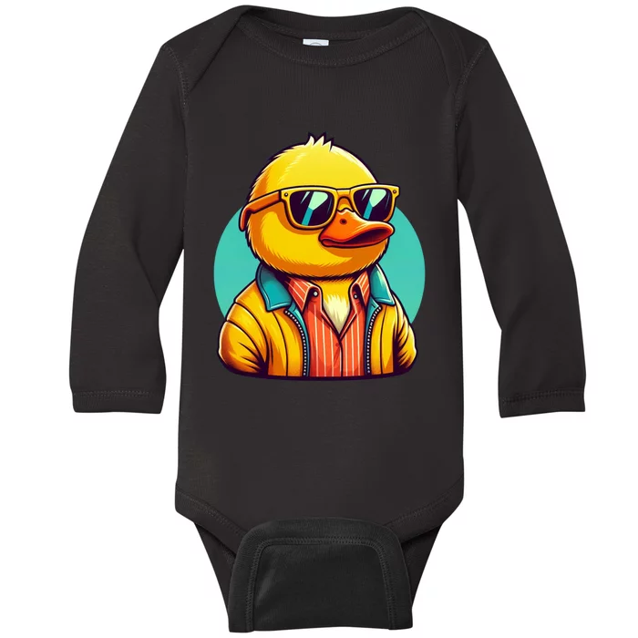 Cool Retro Yellow Duck In Sunglasses 70s 80s 90s Funny Duck Baby Long Sleeve Bodysuit