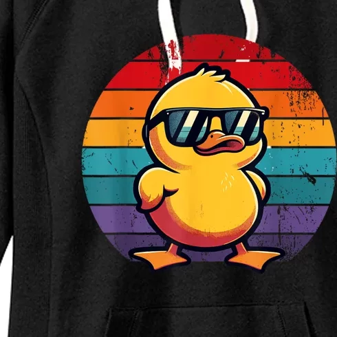 Cool Retro Yellow Duck In Sunglasses 70s 80s 90s Funny Duck Women's Fleece Hoodie