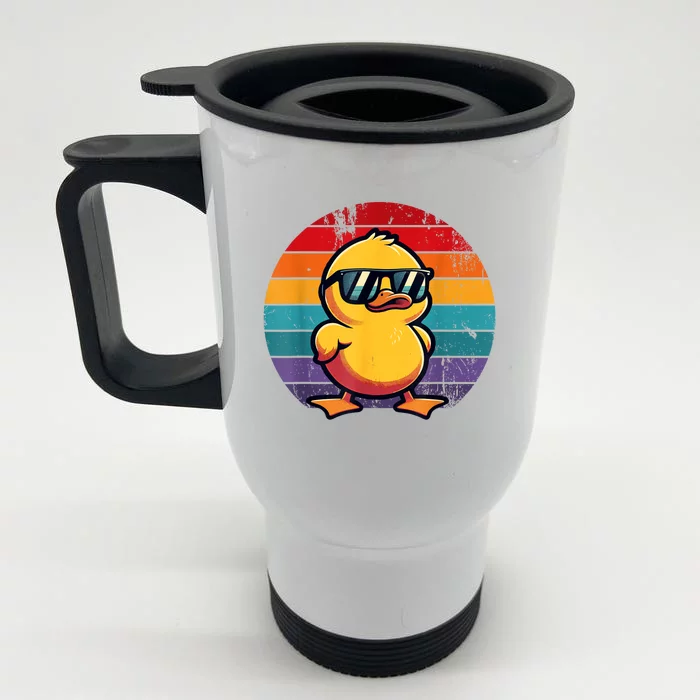 Cool Retro Yellow Duck In Sunglasses 70s 80s 90s Funny Duck Front & Back Stainless Steel Travel Mug