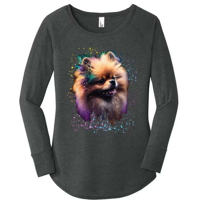 Colorful Splash Art Pomeranian Portrait Puppy Pom Owner Women's Perfect Tri Tunic Long Sleeve Shirt