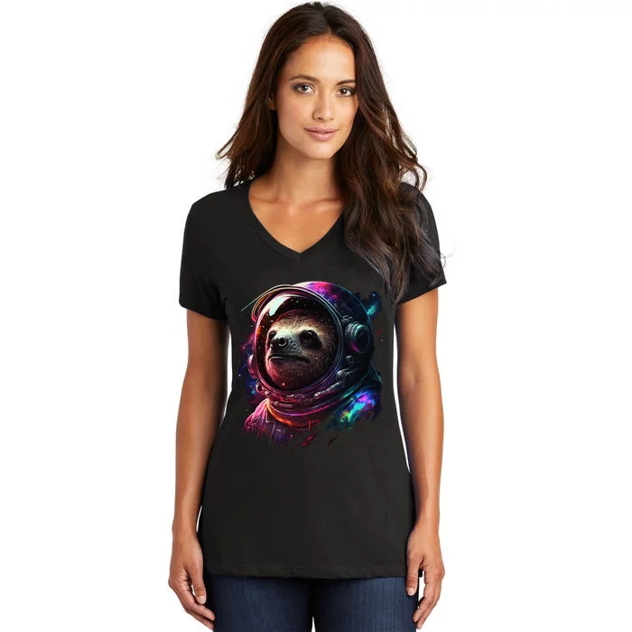 cute Sloth Astronaut in Space Suit Colorful Cosmos Women's V-Neck T-Shirt