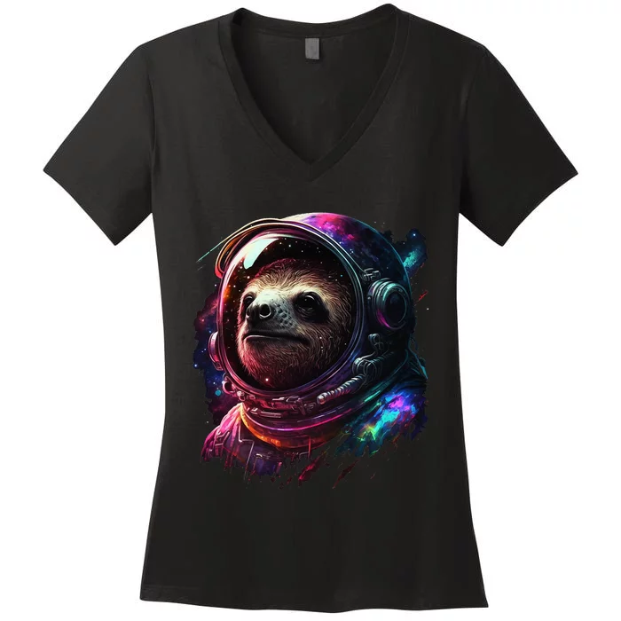 cute Sloth Astronaut in Space Suit Colorful Cosmos Women's V-Neck T-Shirt