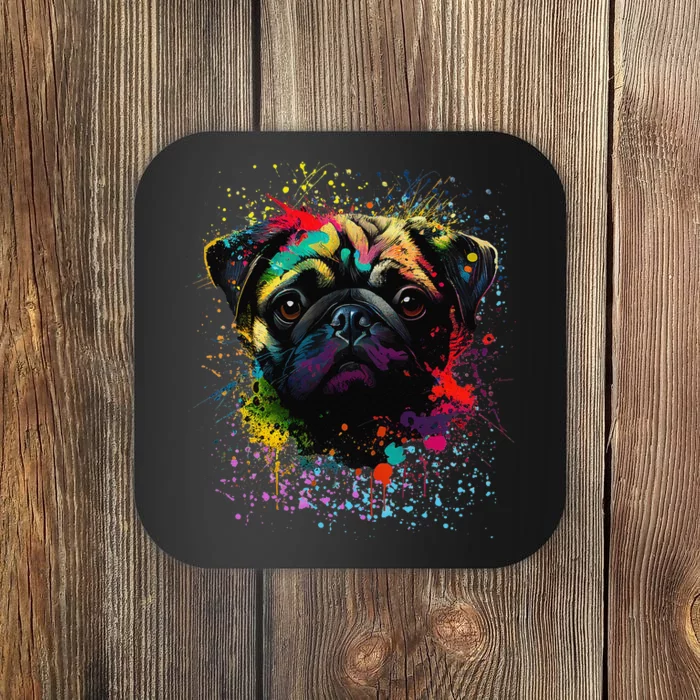 Colorful Splash Art Pug Portrait Puppy Owner Coaster