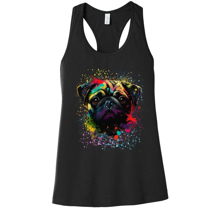 Colorful Splash Art Pug Portrait Puppy Owner Women's Racerback Tank