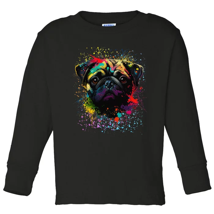 Colorful Splash Art Pug Portrait Puppy Owner Toddler Long Sleeve Shirt