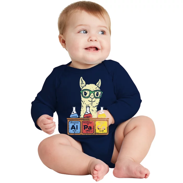 Cool science alpaca with glasses in front of periodic table Baby Long Sleeve Bodysuit