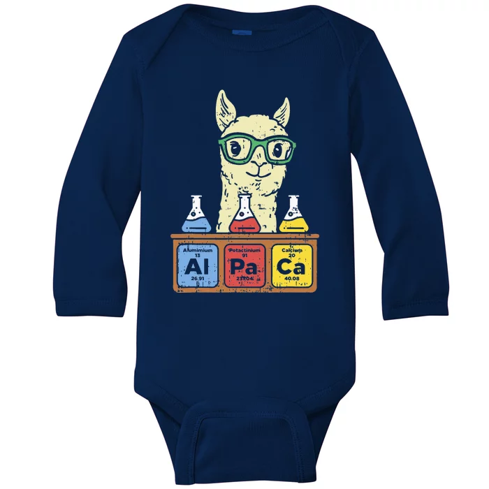 Cool science alpaca with glasses in front of periodic table Baby Long Sleeve Bodysuit