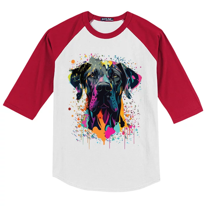 Colorful Splash Art Great Dane Portrait Puppy Owner Kids Colorblock Raglan Jersey