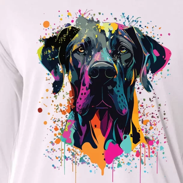 Colorful Splash Art Great Dane Portrait Puppy Owner Cooling Performance Long Sleeve Crew