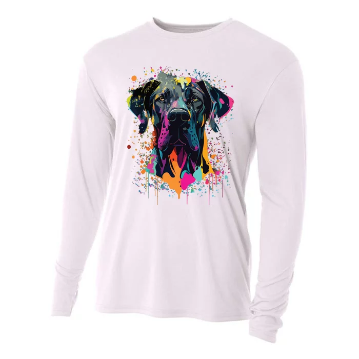 Colorful Splash Art Great Dane Portrait Puppy Owner Cooling Performance Long Sleeve Crew