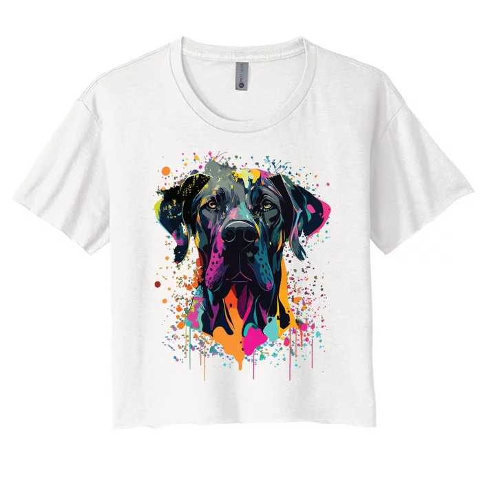 Colorful Splash Art Great Dane Portrait Puppy Owner Women's Crop Top Tee