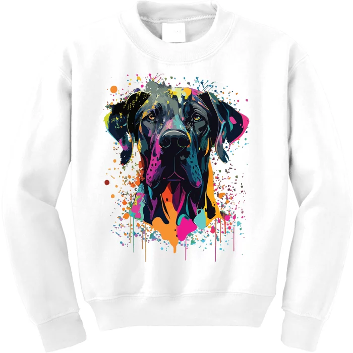 Colorful Splash Art Great Dane Portrait Puppy Owner Kids Sweatshirt