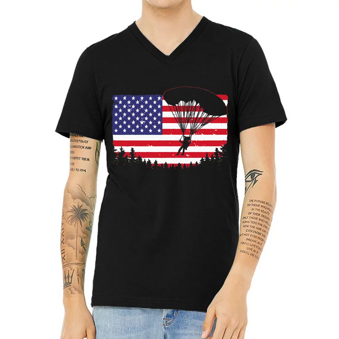 Cool Skydiving Art Men Women Skydiver American Flag Skydive V-Neck T-Shirt