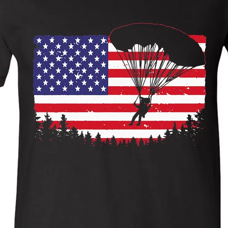 Cool Skydiving Art Men Women Skydiver American Flag Skydive V-Neck T-Shirt