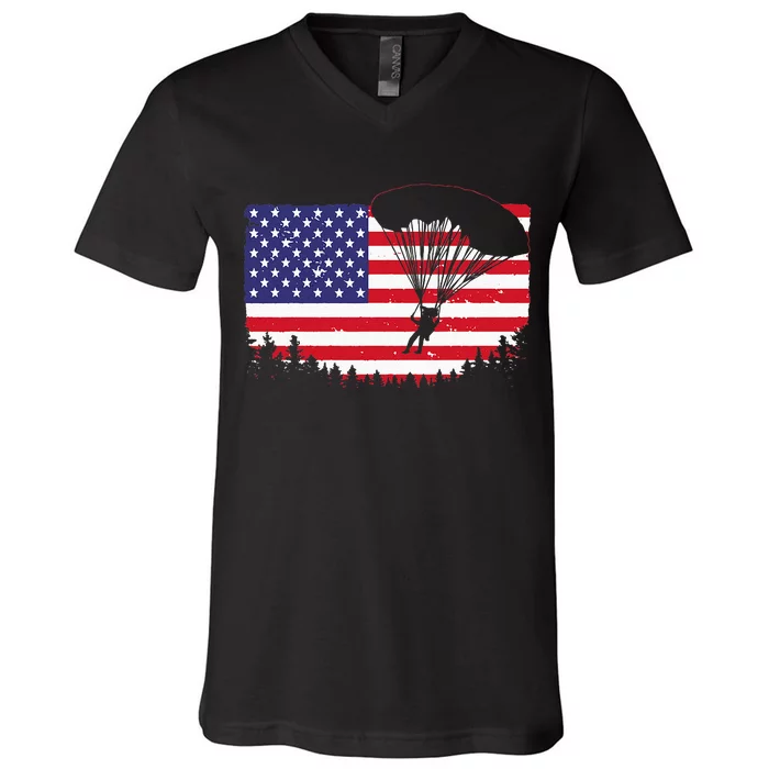 Cool Skydiving Art Men Women Skydiver American Flag Skydive V-Neck T-Shirt