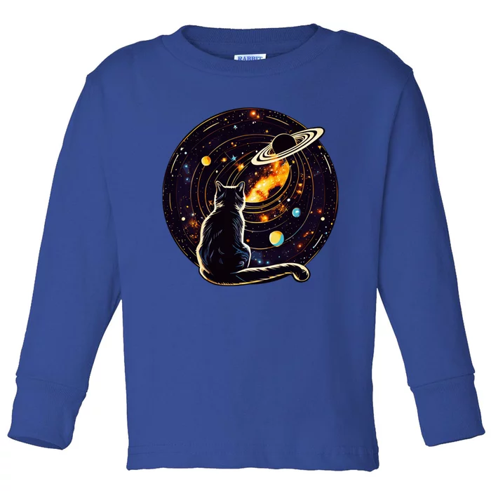 Cat Staring At Planet Saturn Cat Dad Cat Lover Toddler Long Sleeve Shirt