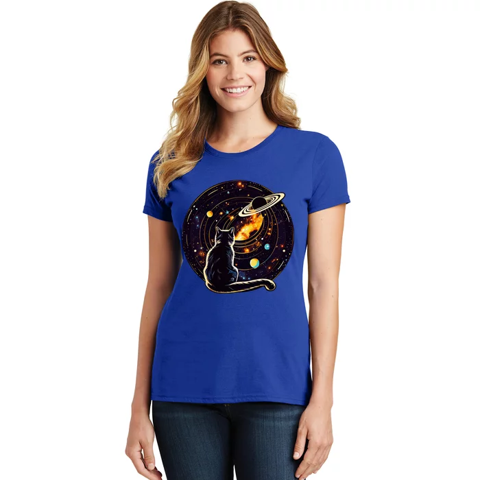 Cat Staring At Planet Saturn Cat Dad Cat Lover Women's T-Shirt