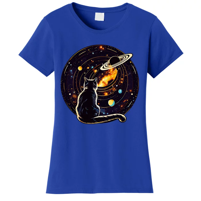 Cat Staring At Planet Saturn Cat Dad Cat Lover Women's T-Shirt