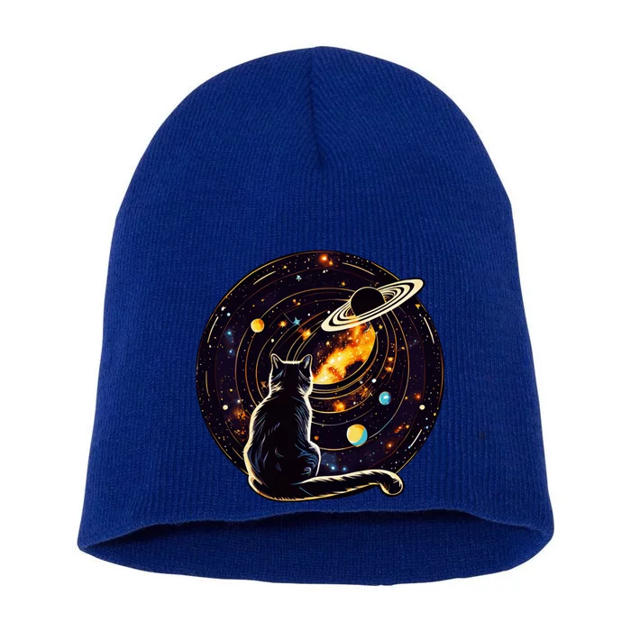 Cat Staring At Planet Saturn Cat Dad Cat Lover Short Acrylic Beanie