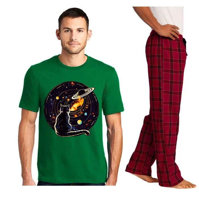 Cat Staring At Planet Saturn Cat Dad Cat Lover Pajama Set