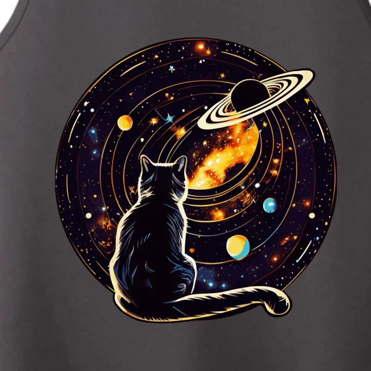 Cat Staring At Planet Saturn Cat Dad Cat Lover Performance Tank