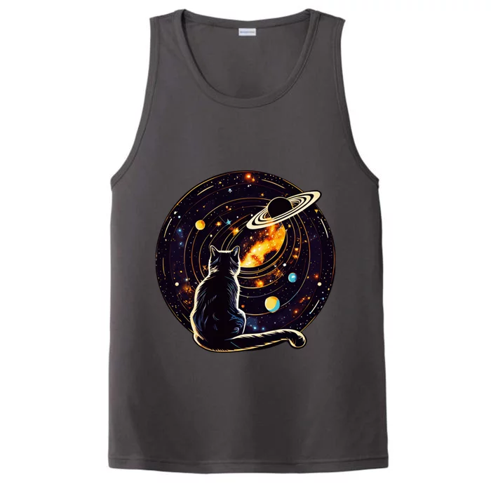 Cat Staring At Planet Saturn Cat Dad Cat Lover Performance Tank