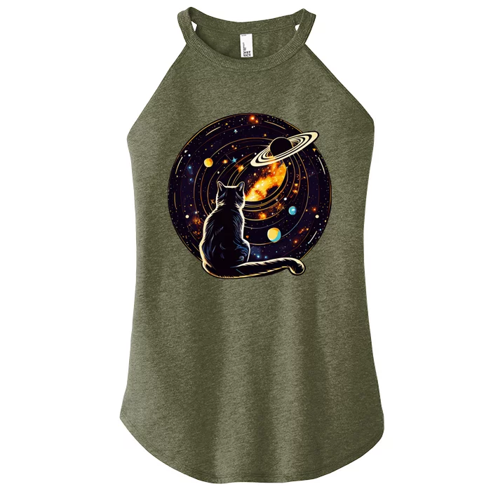 Cat Staring At Planet Saturn Cat Dad Cat Lover Women’s Perfect Tri Rocker Tank