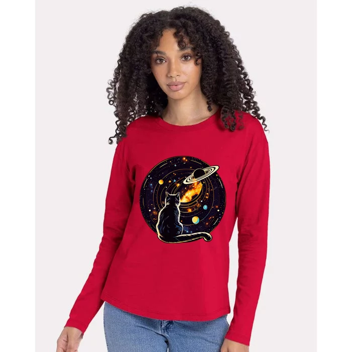 Cat Staring At Planet Saturn Cat Dad Cat Lover Womens Cotton Relaxed Long Sleeve T-Shirt