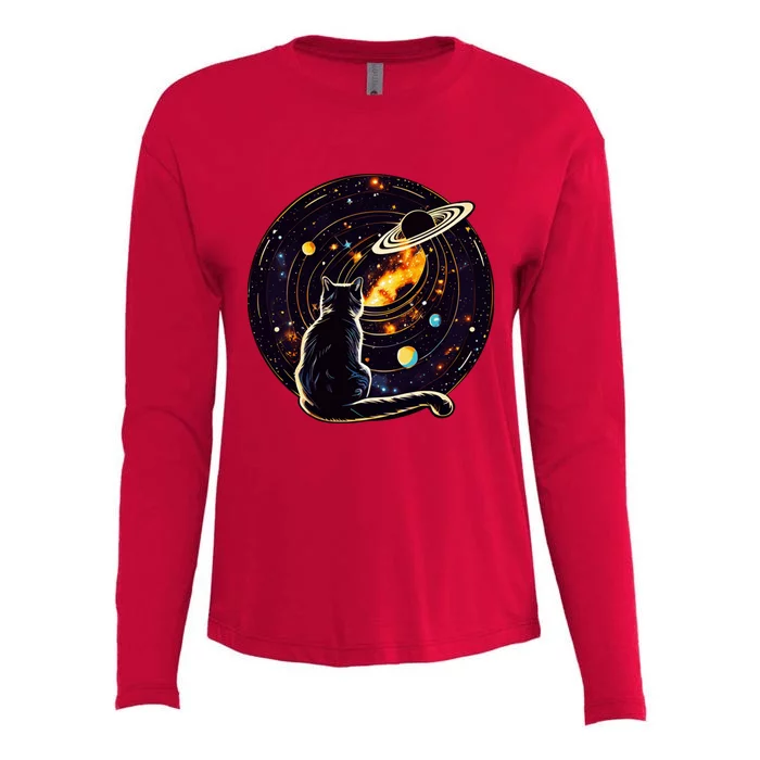 Cat Staring At Planet Saturn Cat Dad Cat Lover Womens Cotton Relaxed Long Sleeve T-Shirt