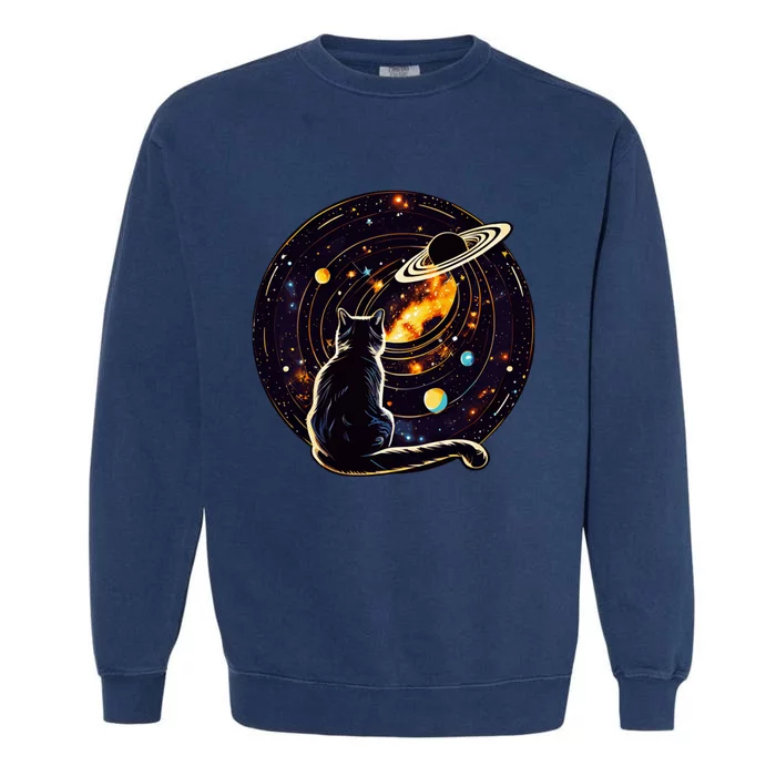 Cat Staring At Planet Saturn Cat Dad Cat Lover Garment-Dyed Sweatshirt