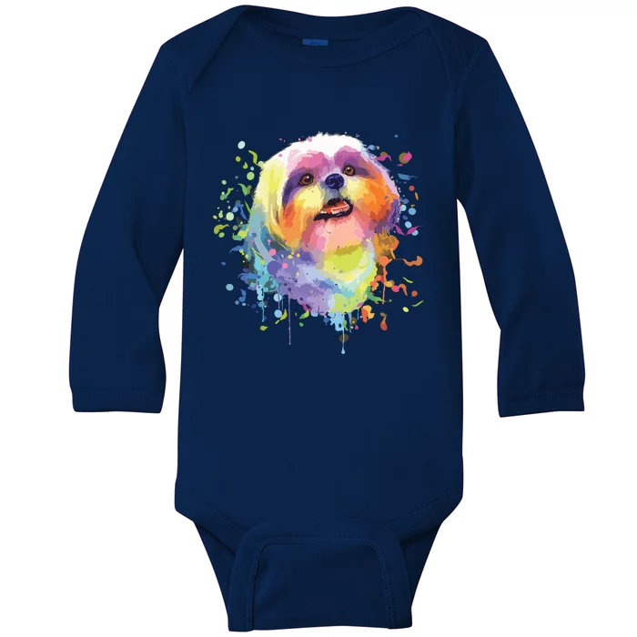 Colorful Splash Art Shih Tzu Portrait Shitzu Puppy Owner Baby Long Sleeve Bodysuit