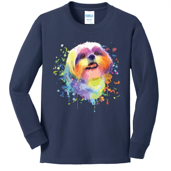 Colorful Splash Art Shih Tzu Portrait Shitzu Puppy Owner Kids Long Sleeve Shirt