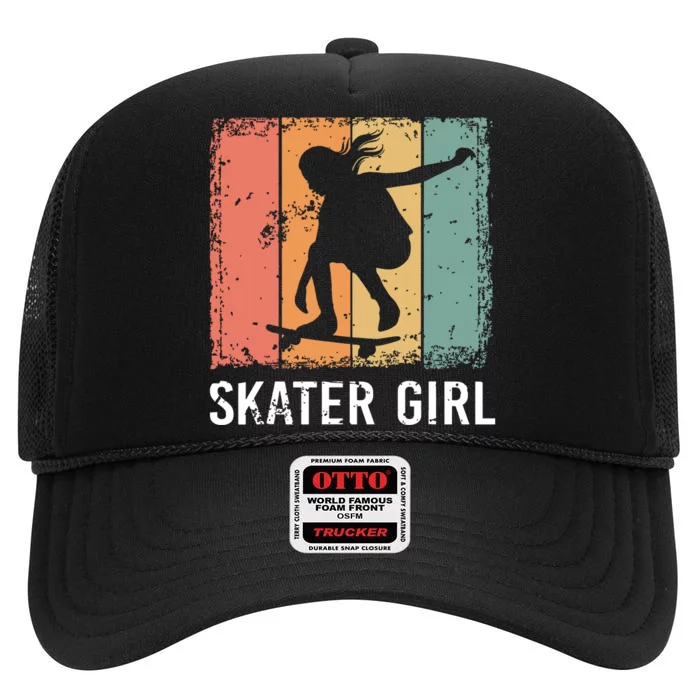 Cool Skater Art Women Girl Skateboarding Skateboard Skating High Crown Mesh Trucker Hat