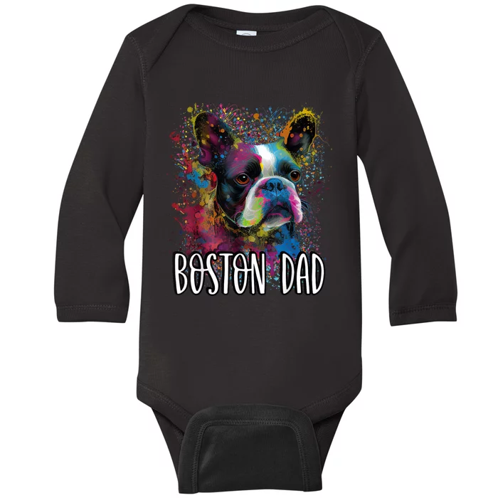 Colorful Splash Art Boston Terrier Dad Portrait Puppy Baby Long Sleeve Bodysuit