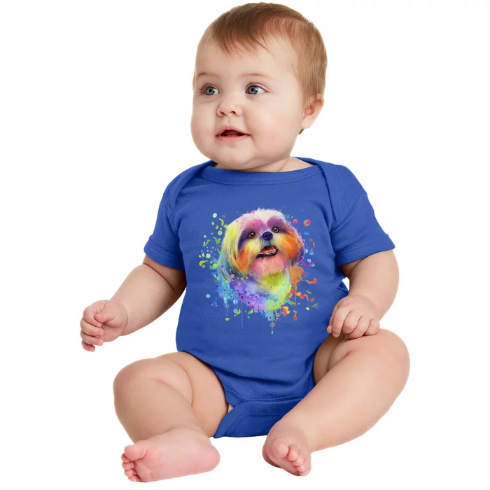 Colorful Splash Art Shih Tzu Portrait Shitzu Puppy Owner Gift Baby Bodysuit