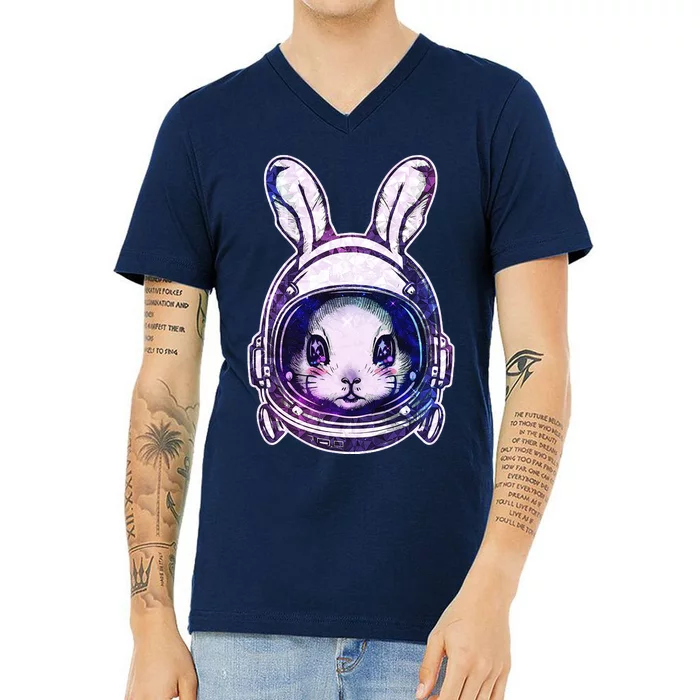 Cute Space Astronaut Bunny Rabbit V-Neck T-Shirt