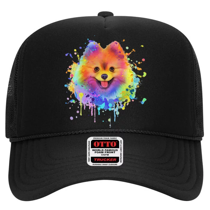 Colorful Splash Art Pomeranian Portrait Pom Puppy Owner High Crown Mesh Trucker Hat