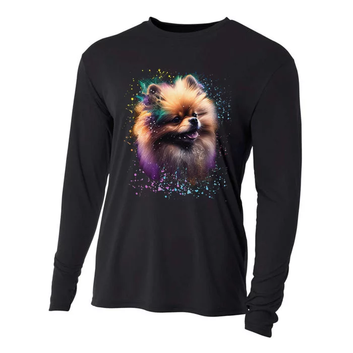 Colorful Splash Art Pomeranian Portrait Puppy Pom Owner Cooling Performance Long Sleeve Crew