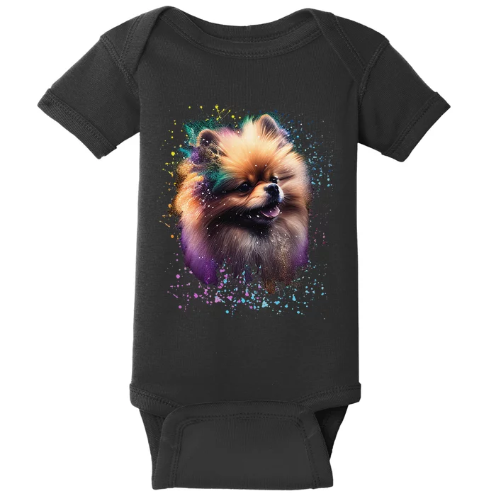 Colorful Splash Art Pomeranian Portrait Puppy Pom Owner Baby Bodysuit