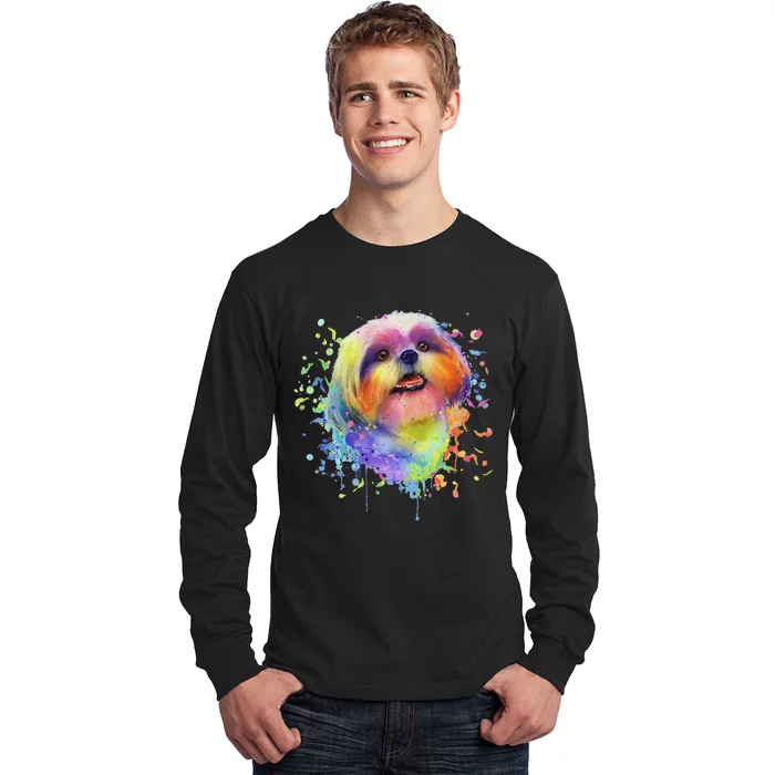 Colorful Splash Art Shih Tzu Portrait Shitzu Puppy Owner Long Sleeve Shirt